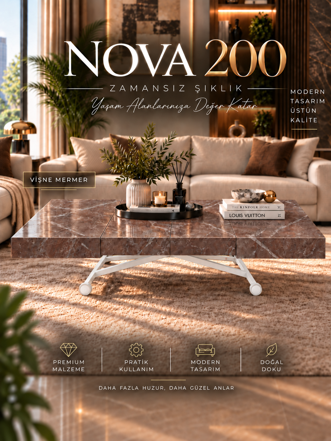 Oval Side-Opening Smart Table | Travertine MDF & Black