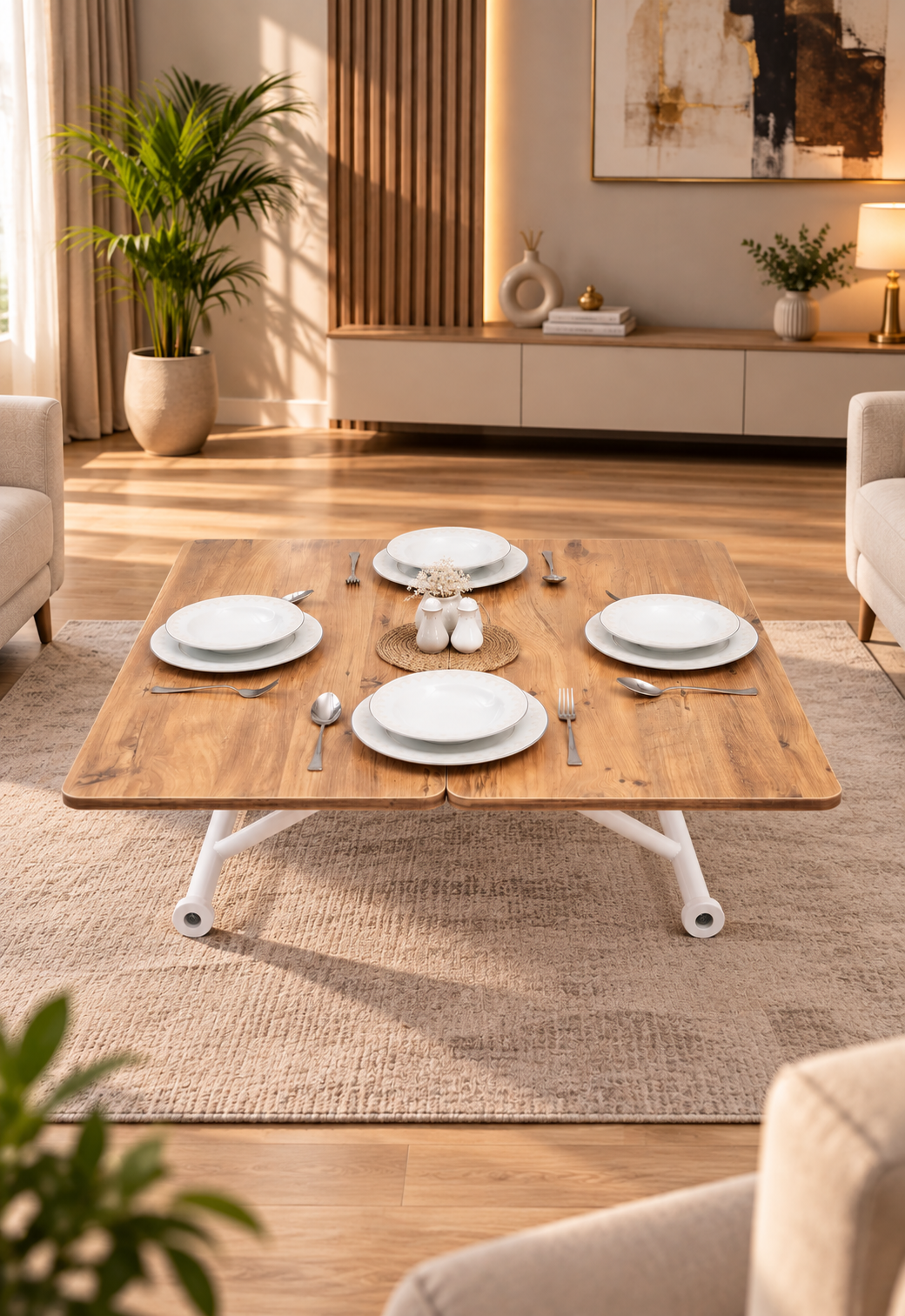 Mini Juppo Smart Coffee Table – EfesCam MDF Top & White Outward-Curved Metal Legs