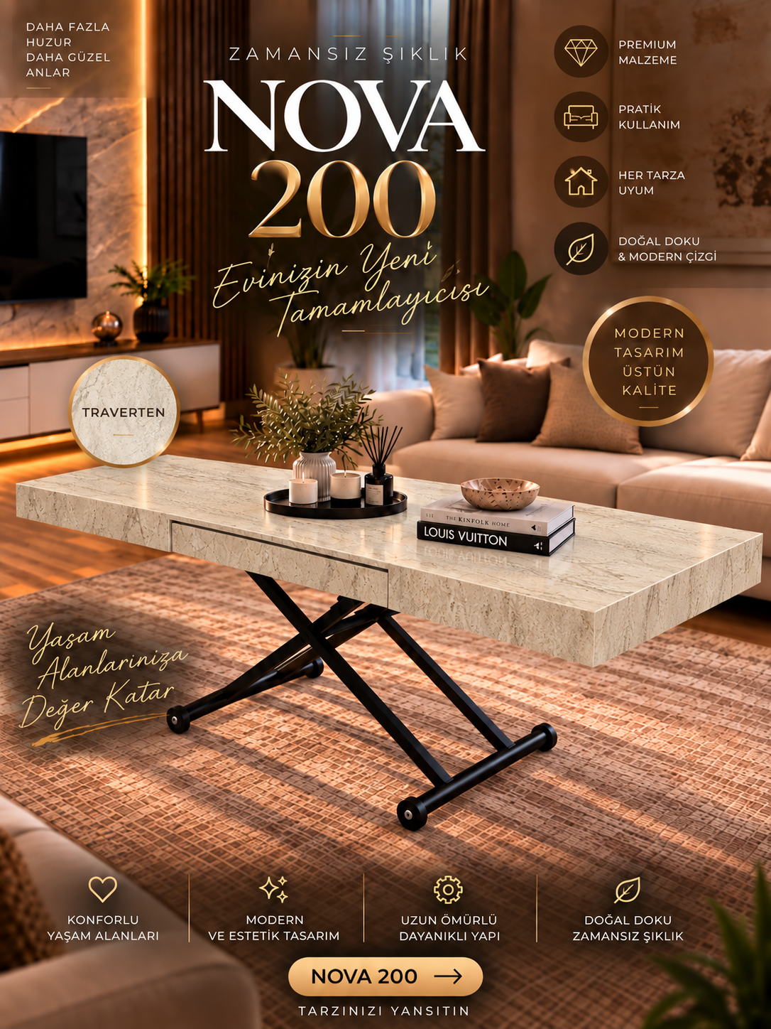 Oval Side-Opening Smart Table | Travertine MDF & Black