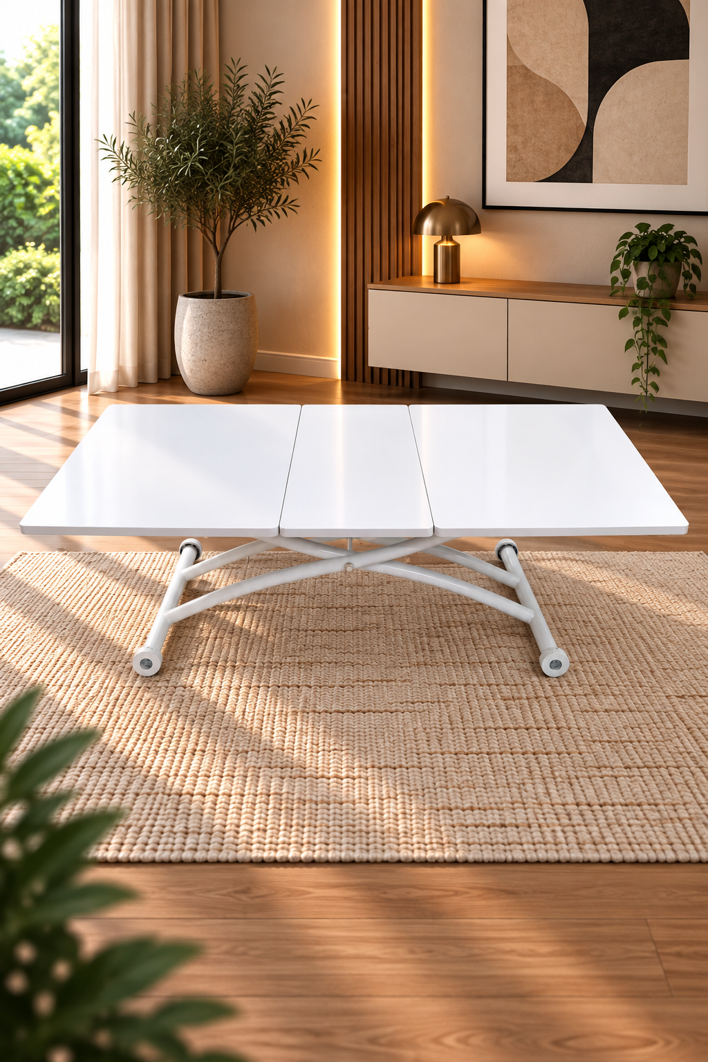 Square Smart Table with Central Opening | White Marble MDF & White