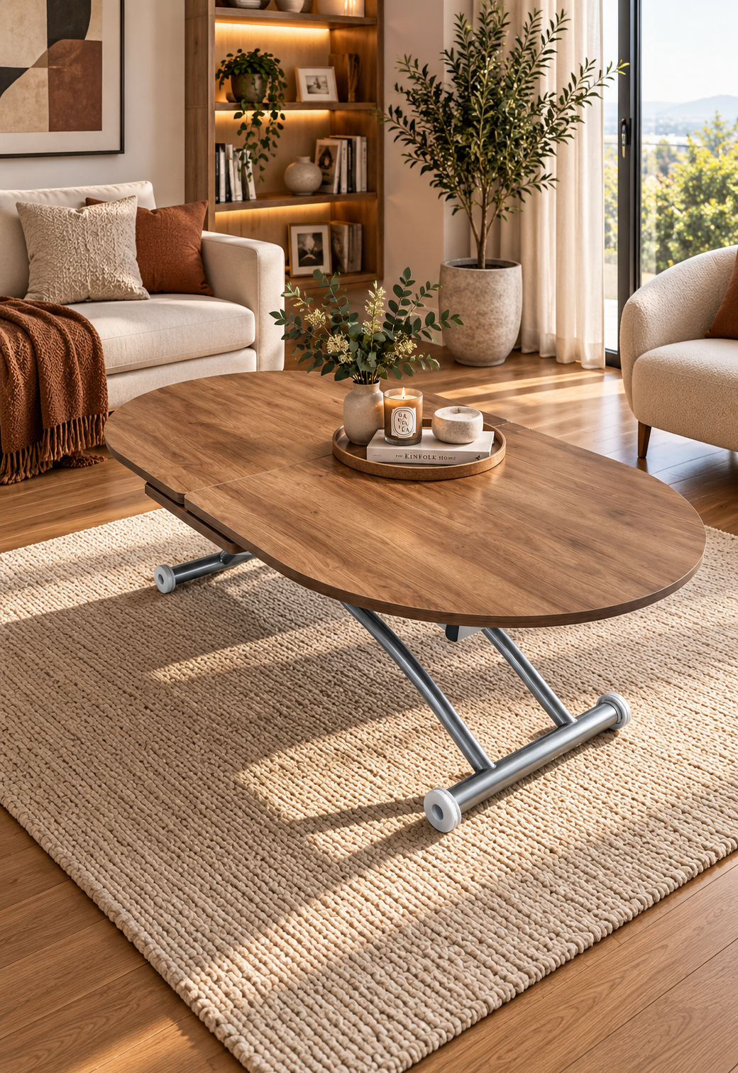 Oval Smart Table with Center Opening | Walnut MDF & Chrome