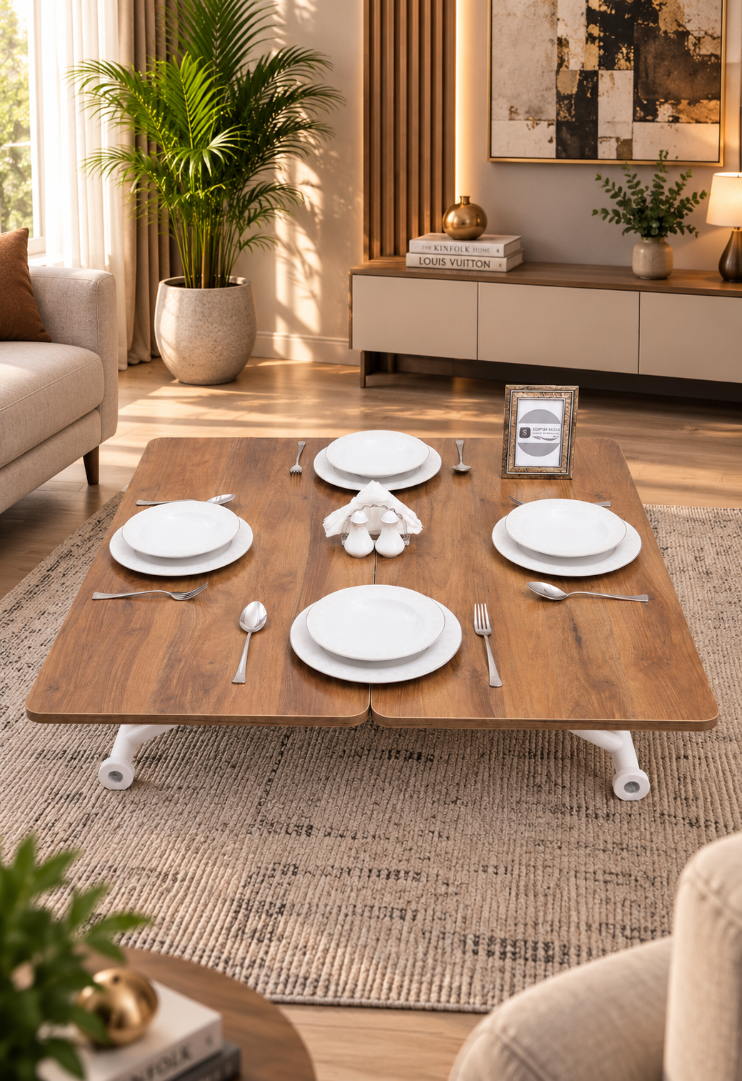 Mini Juppo Smart Coffee Table – Walnut MDF Top & White Outwardly Curved Metal Leg