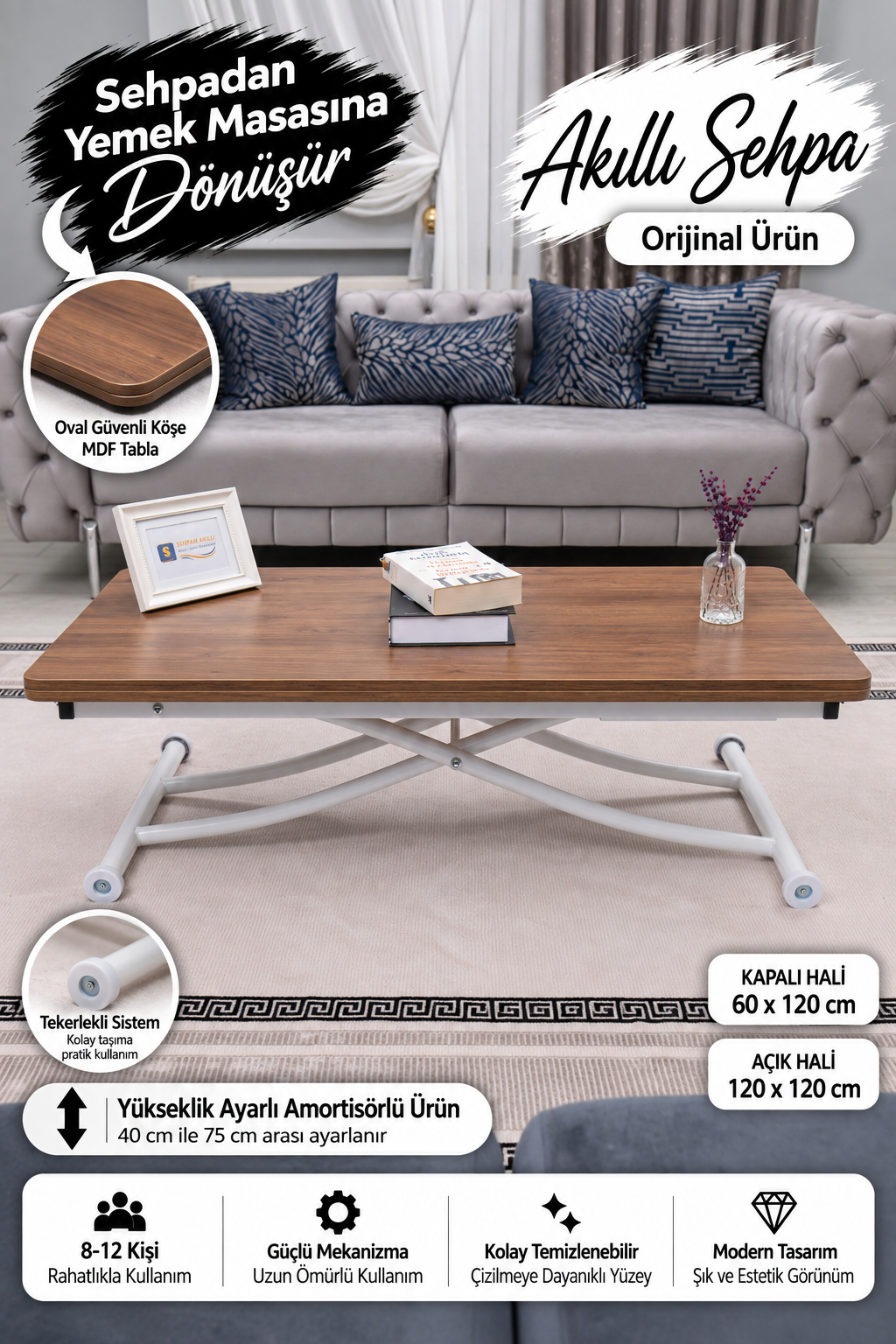 Juppo Smart Coffee Table – Walnut MDF Top & White Metal Leg