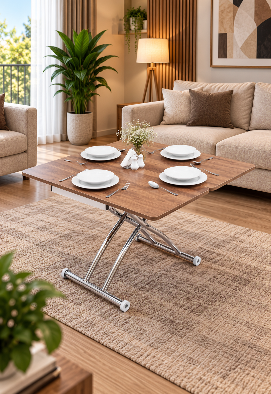 Mini Juppo Smart Coffee Table - Walnut MDF Top & Chrome Plated Outward Curved Leg