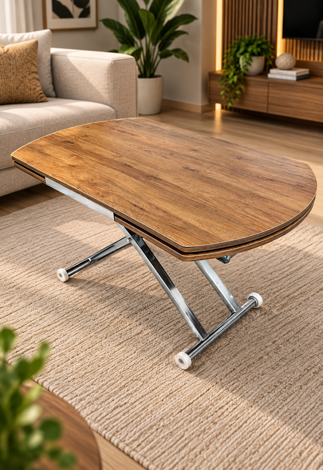 Oval Side-Opening Smart Table | Walnut MDF & Chrome