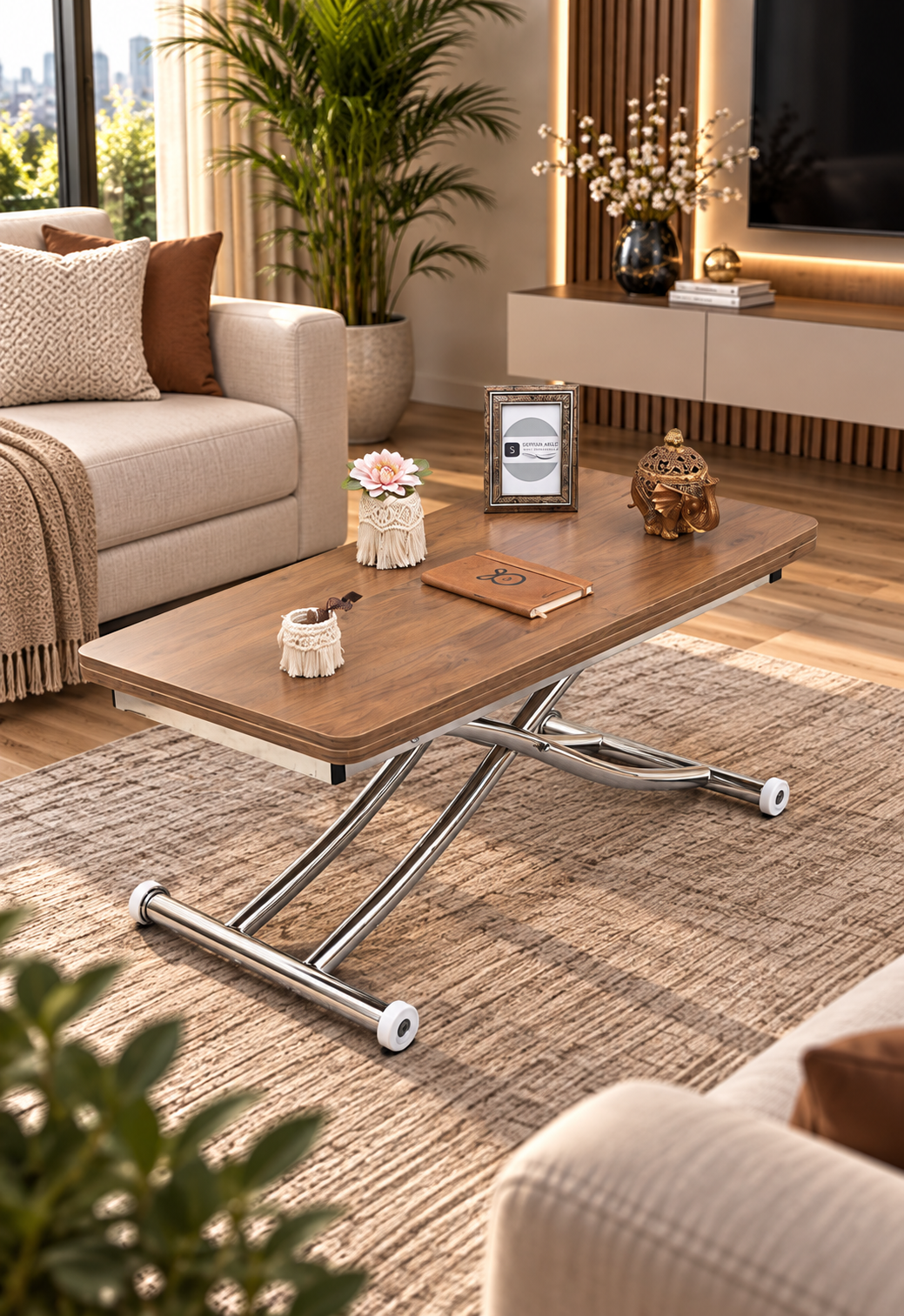 Mini Juppo Smart Coffee Table – Walnut MDF Top & Chrome Plated Metal Legs