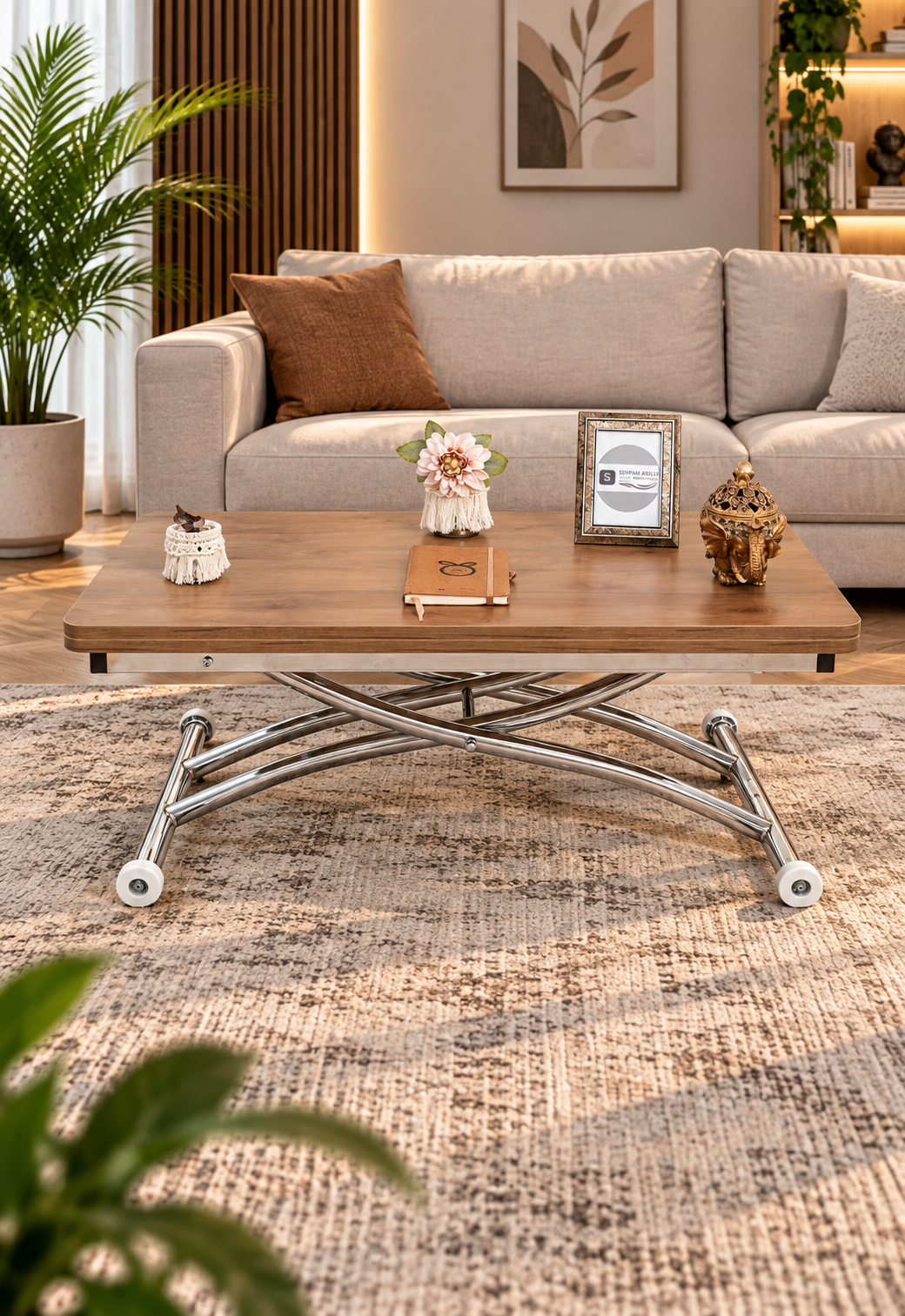Mini Juppo Smart Coffee Table - Walnut MDF Top & Chrome Plated Outward Curved Leg