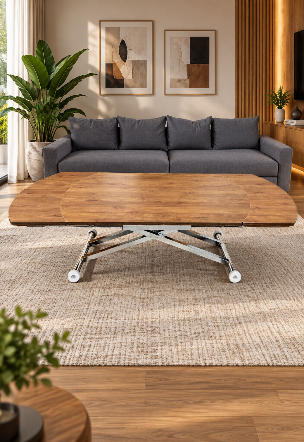 Oval Side-Opening Smart Table | Walnut MDF & Chrome