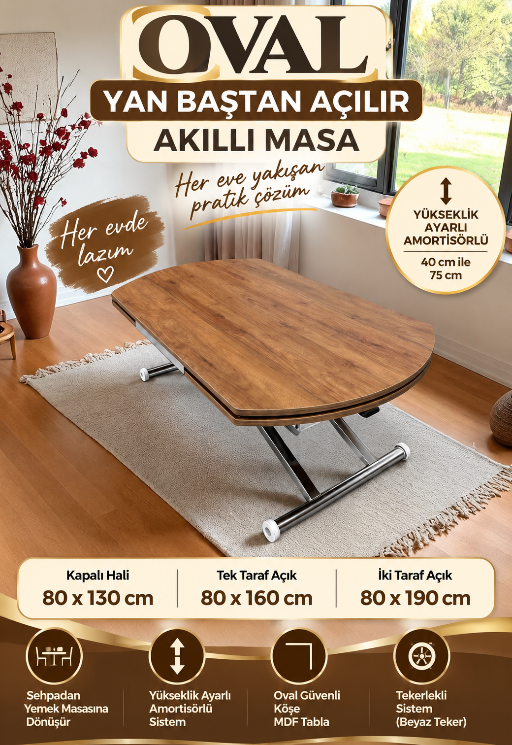 Oval Side-Opening Smart Table | Walnut MDF & Chrome