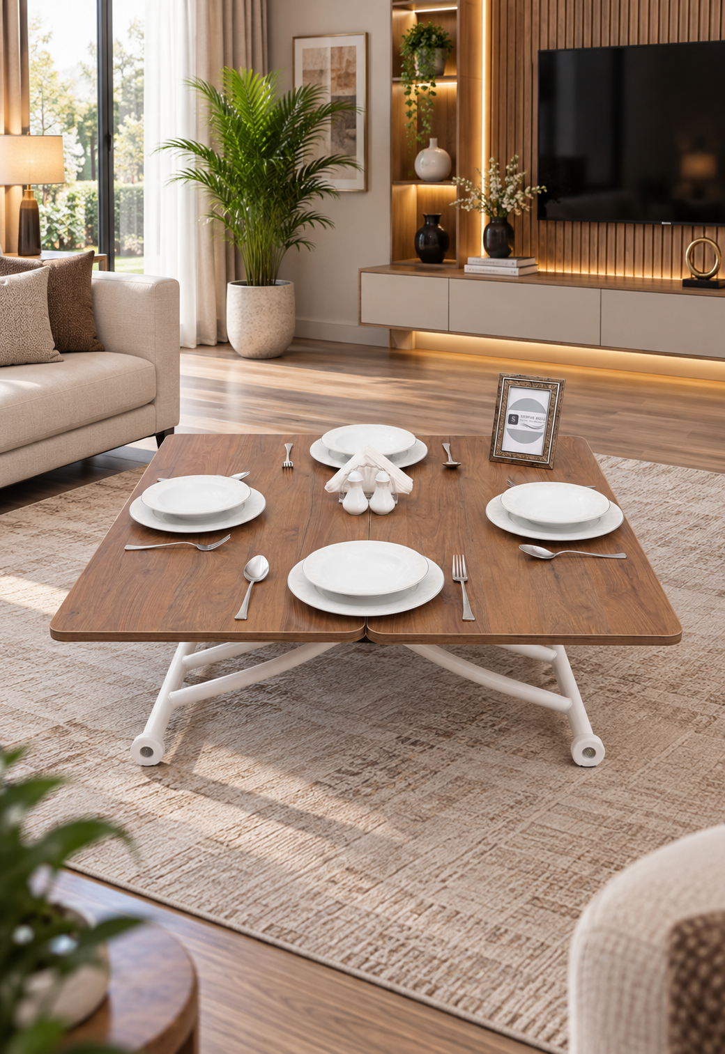 Mini Juppo Smart Coffee Table – Walnut MDF Top & White Metal Leg