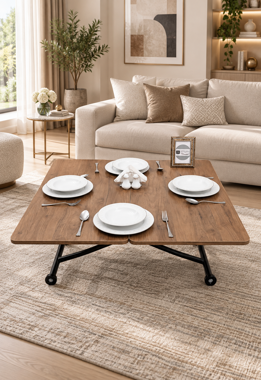 Mini Juppo Smart Coffee Table – Walnut MDF Top & Black Metal Legs