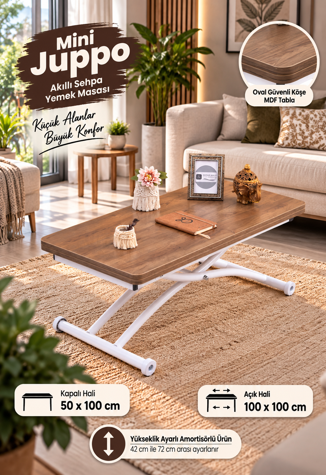 Mini Juppo Smart Coffee Table – Walnut MDF Top & White Outwardly Curved Metal Leg