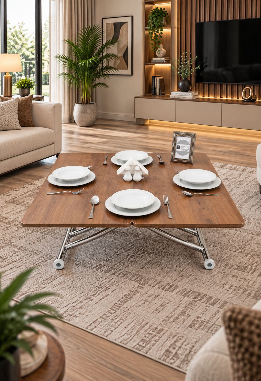 Mini Juppo Smart Coffee Table – Walnut MDF Top & Chrome Plated Metal Legs