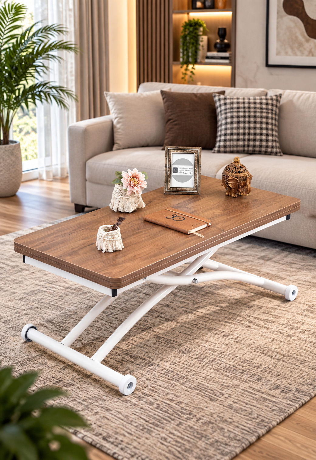 Mini Juppo Smart Coffee Table – Walnut MDF Top & White Outwardly Curved Metal Leg