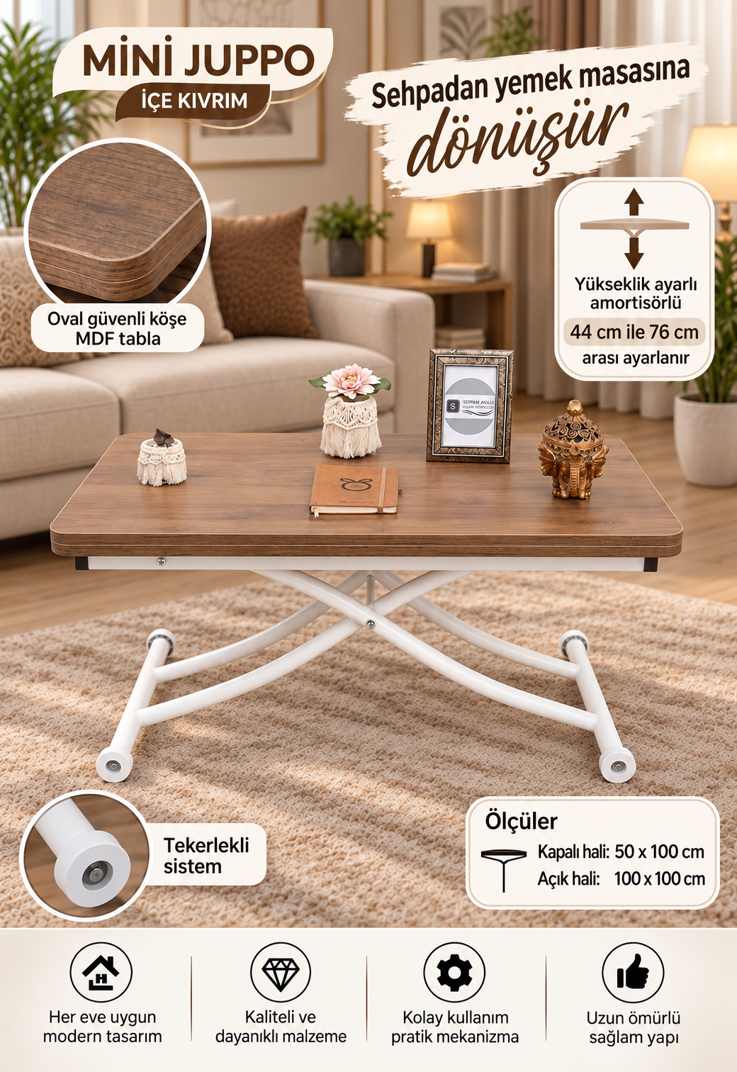 Mini Juppo Smart Coffee Table – Walnut MDF Top & White Metal Leg