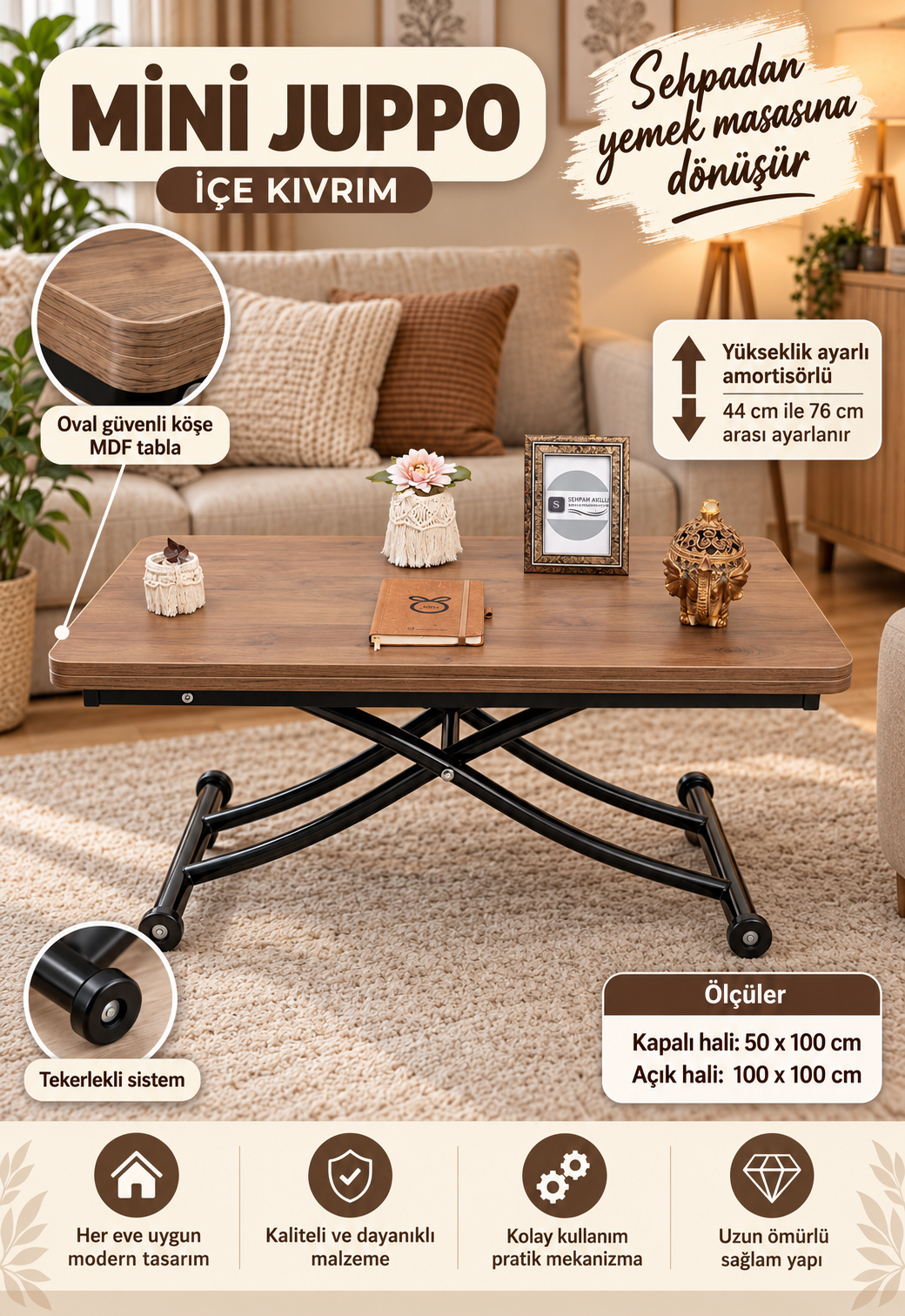 Mini Juppo Akıllı Sehpa – Ceviz MDF Üst & Siyah İçe Kıvrım Metal Ayak