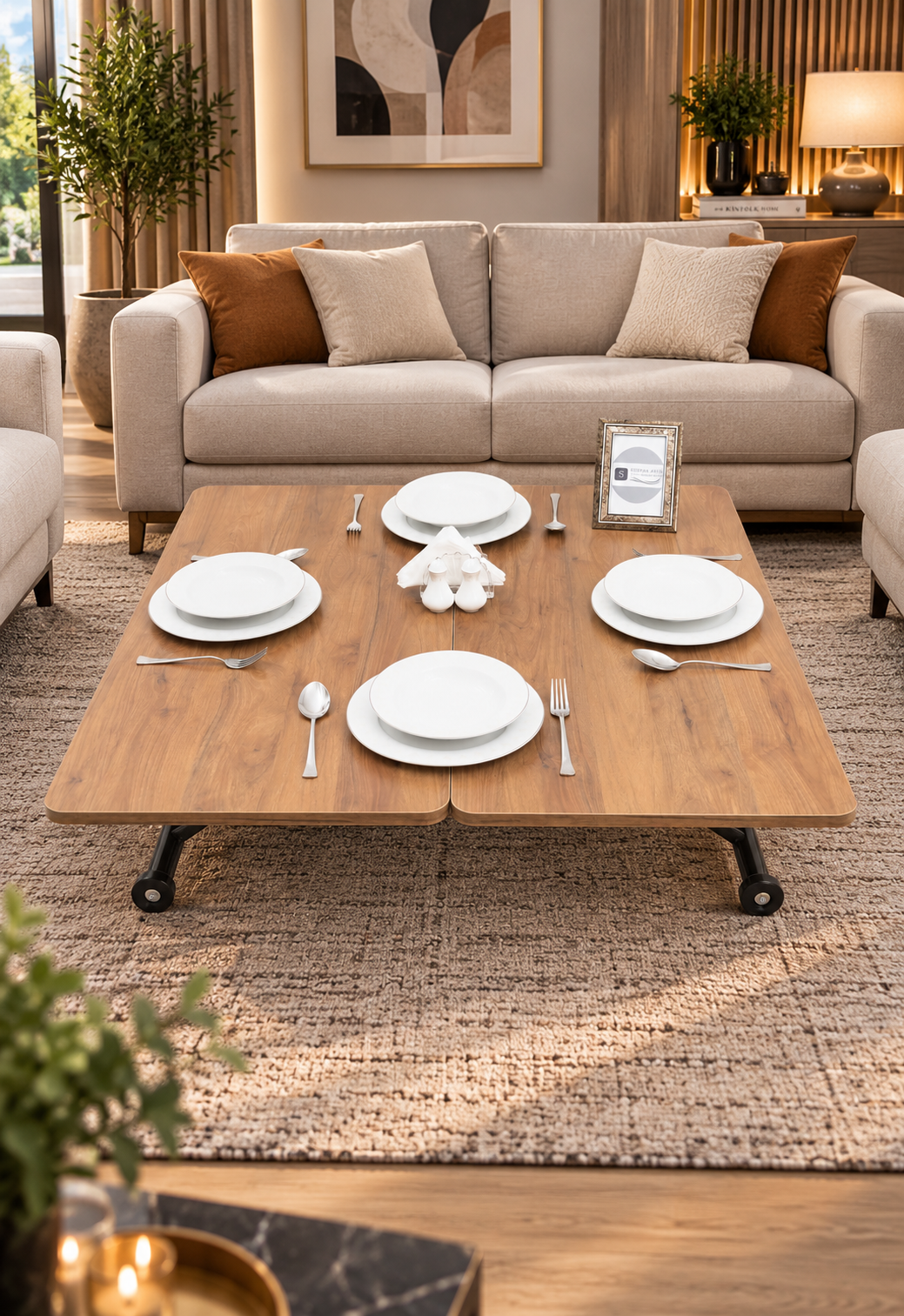 Mini Juppo Smart Coffee Table – Walnut MDF Top & Black Outward Curved Metal Leg