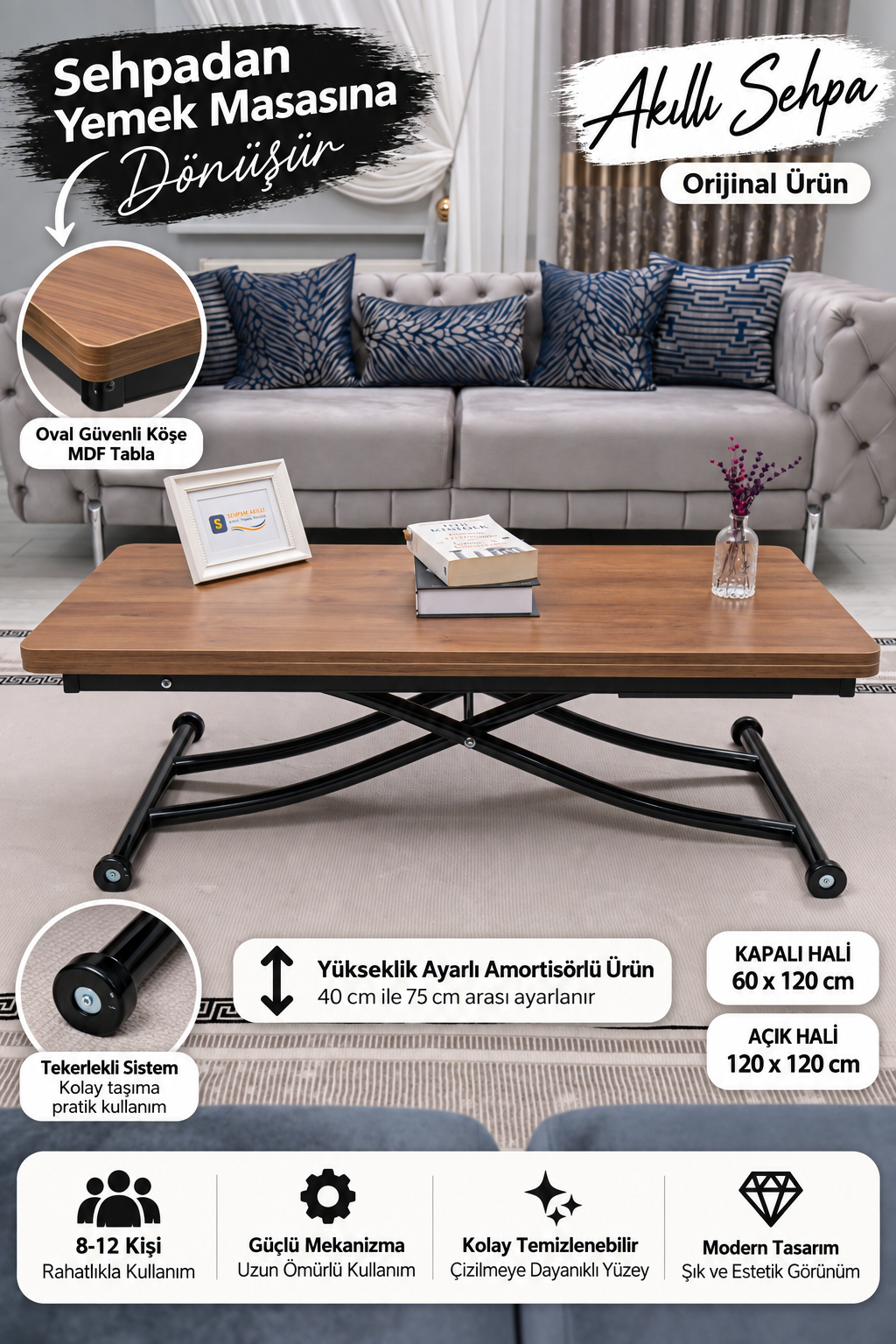 Juppo Smart Coffee Table – Walnut MDF Top & Black Metal Leg