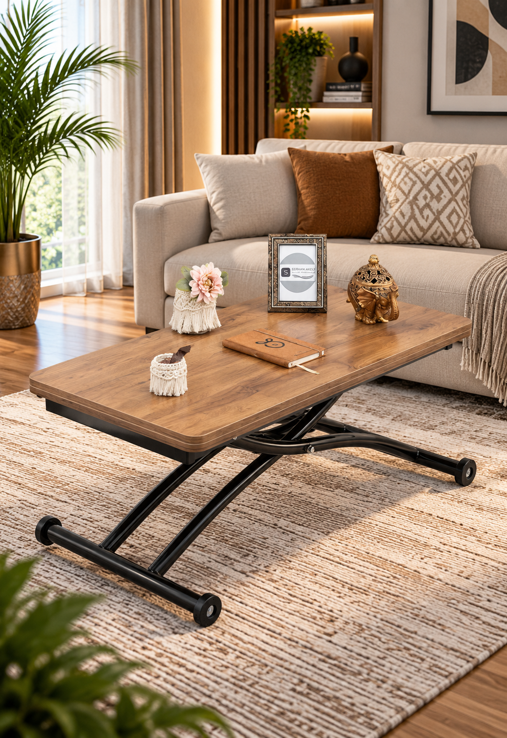 Mini Juppo Smart Coffee Table – Walnut MDF Top & Black Outward Curved Metal Leg