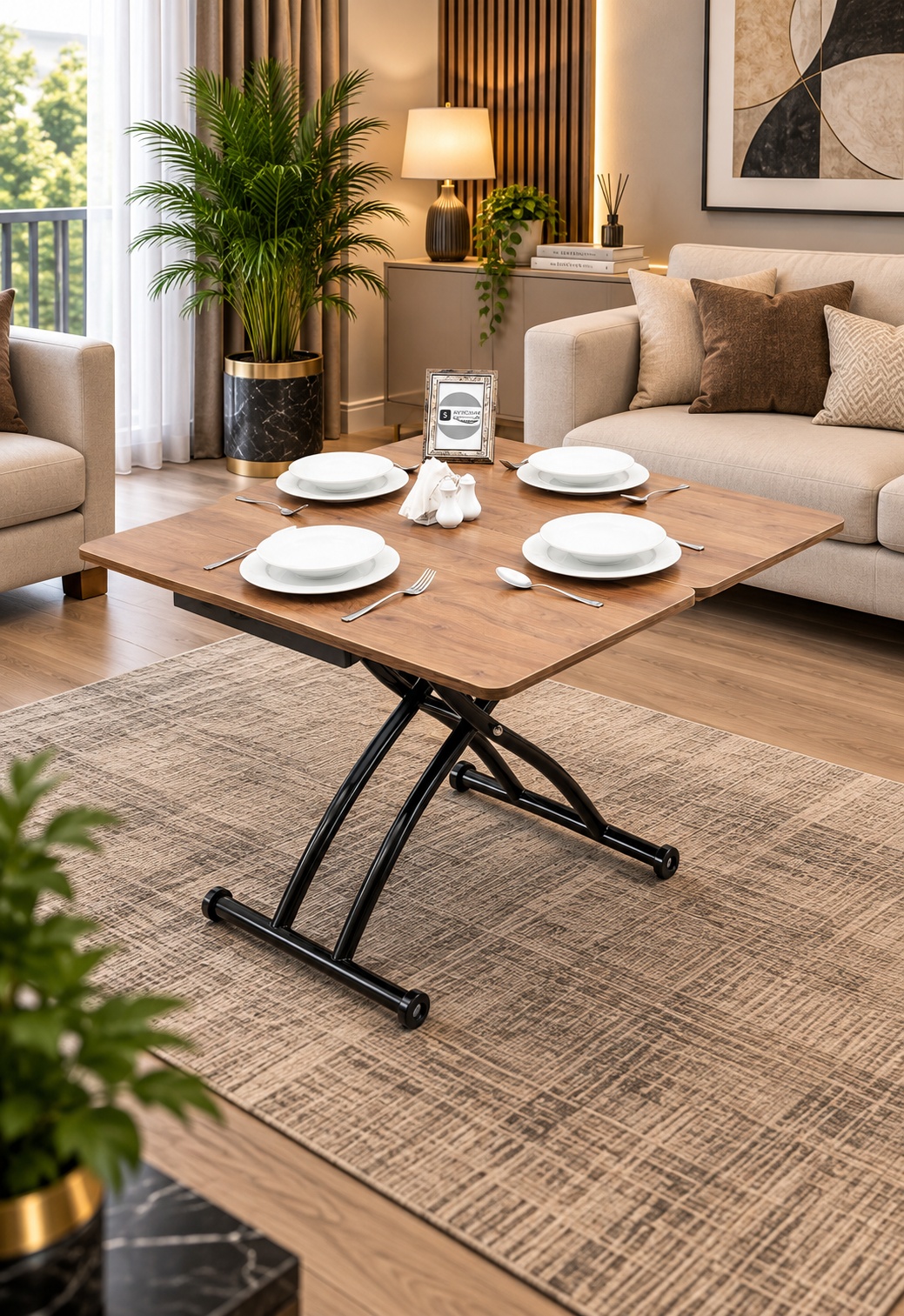 Mini Juppo Smart Coffee Table – Walnut MDF Top & Black Outward Curved Metal Leg