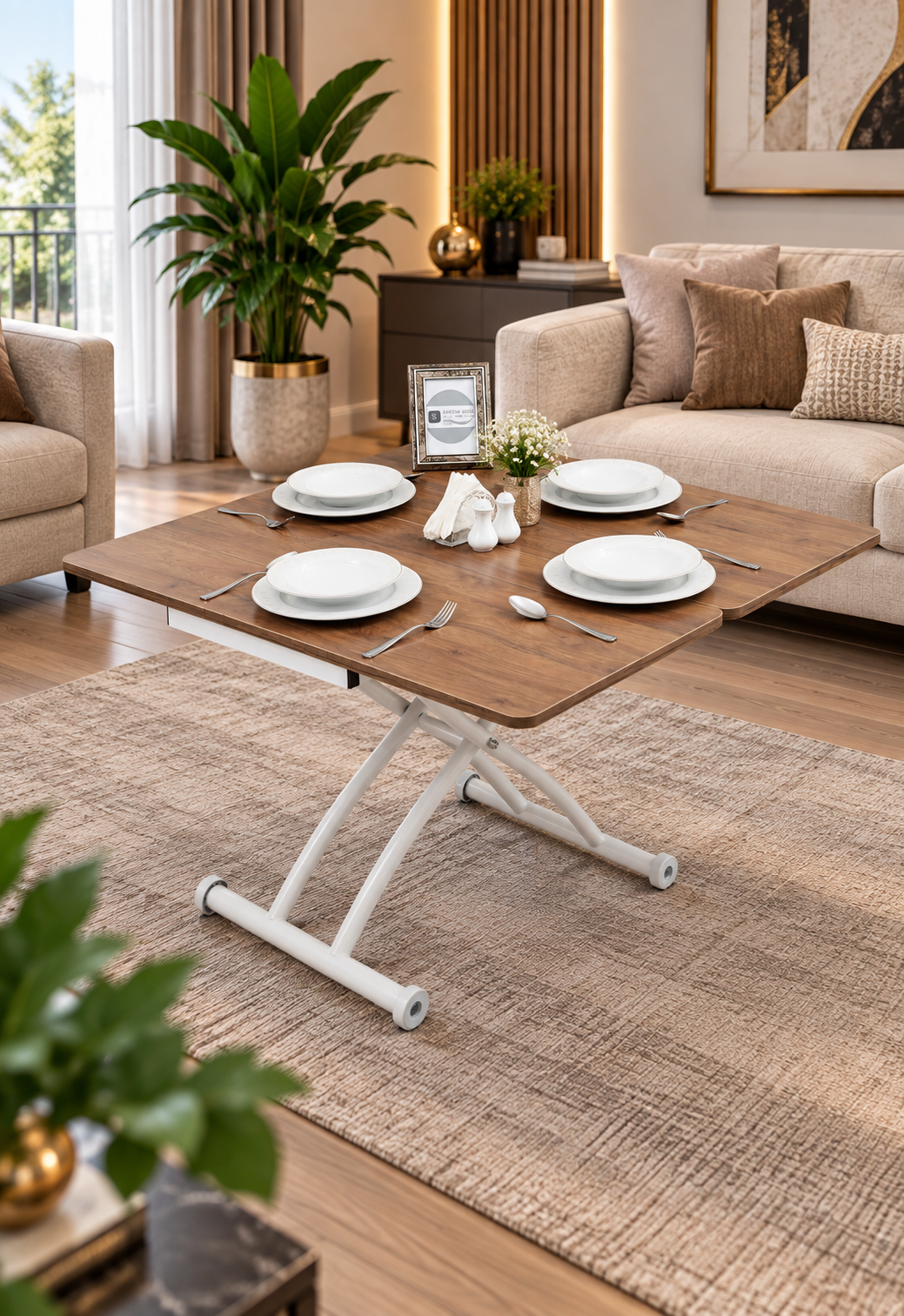 Mini Juppo Smart Coffee Table – Walnut MDF Top & White Outwardly Curved Metal Leg
