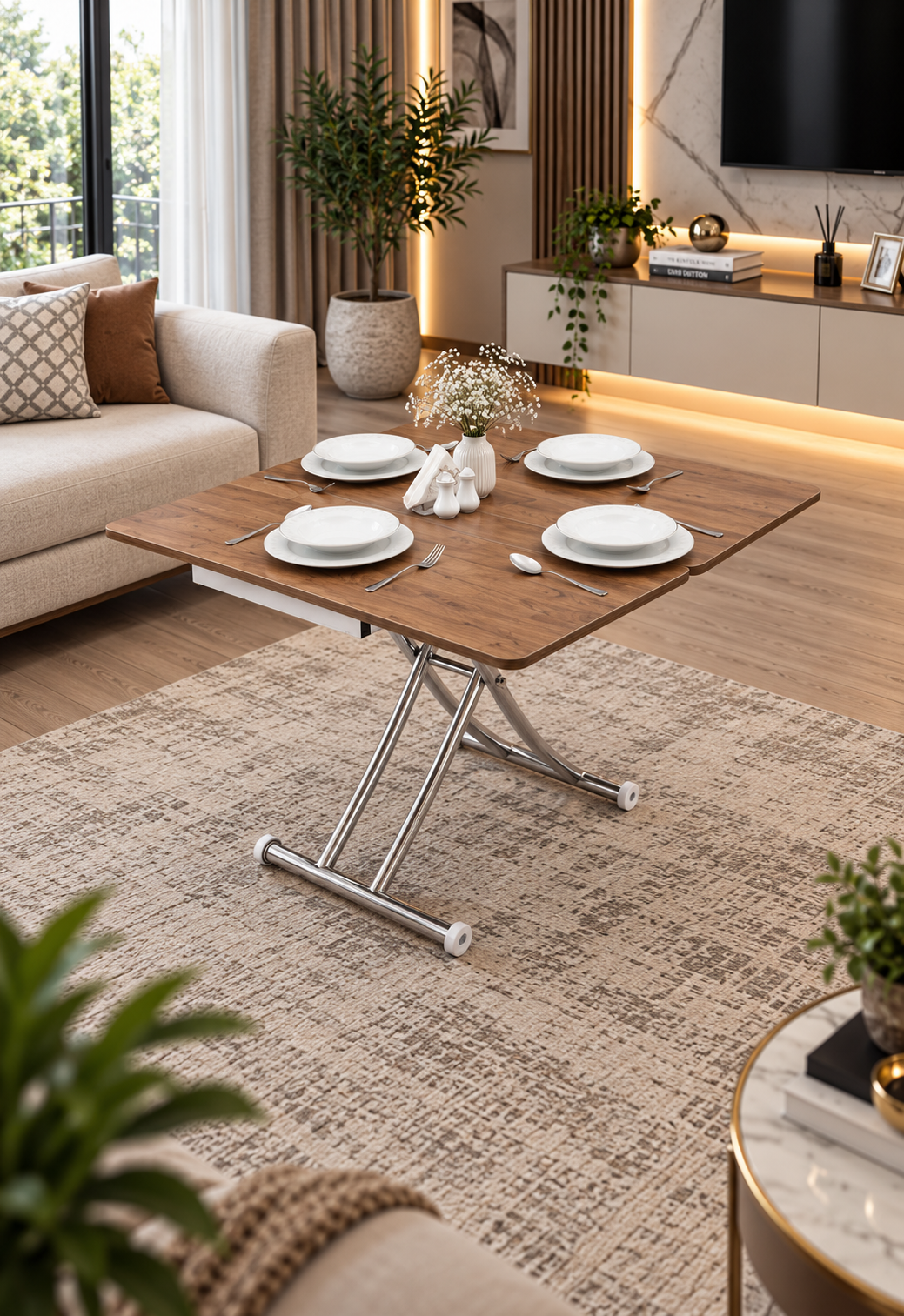 Mini Juppo Smart Coffee Table – Walnut MDF Top & Chrome Plated Metal Legs