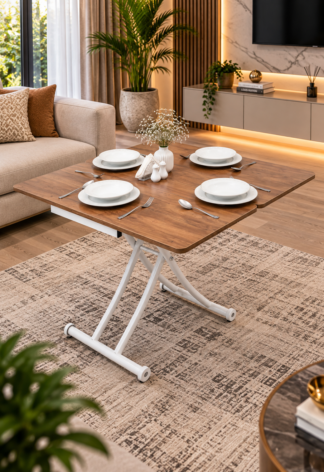 Mini Juppo Smart Coffee Table – Walnut MDF Top & White Metal Leg
