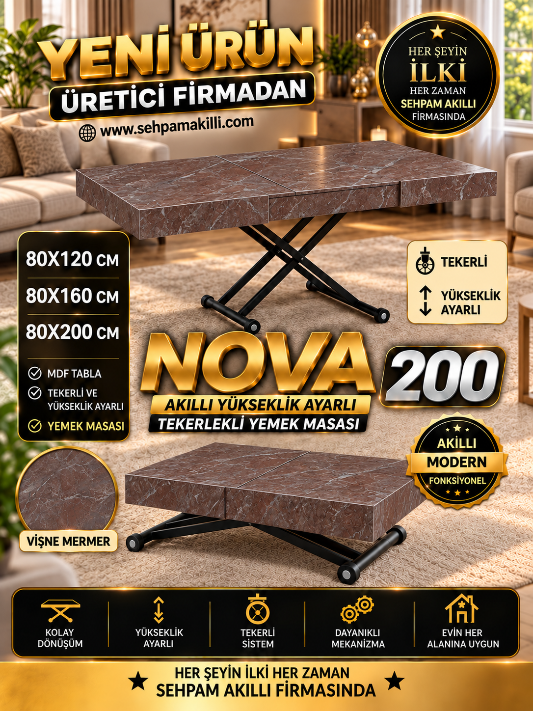 Oval Side-Opening Smart Table | Travertine MDF & Black
