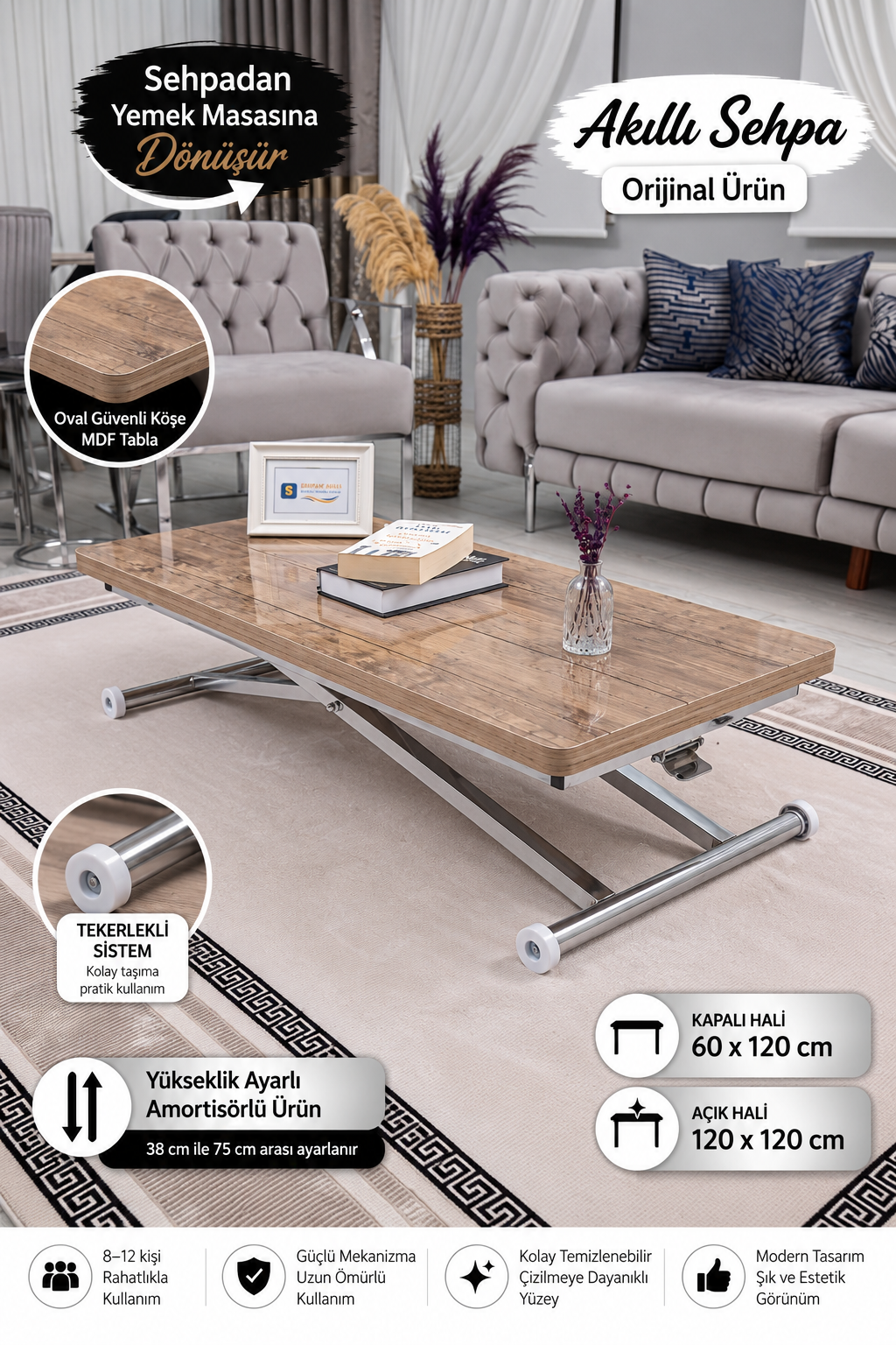 Home Smart Coffee Table – Anti-light MDF Top & Chrome Plated Metal Legs