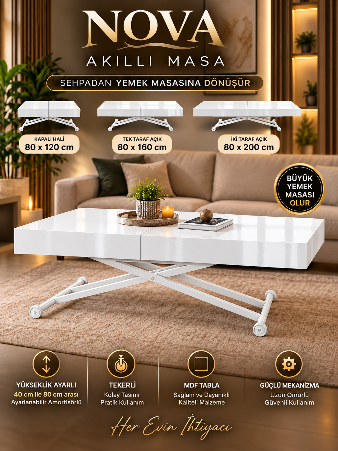 Oval Side-Opening Smart Table | Travertine MDF & Black