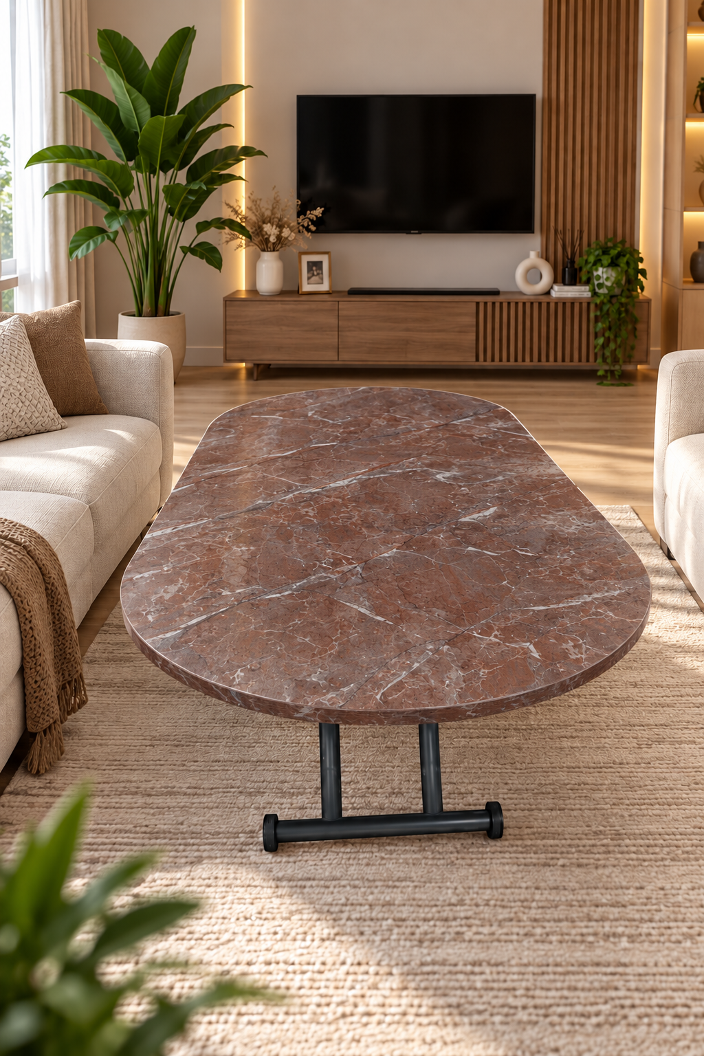 Ortadan Açılır Oval Akıllı Masa | VişneMermer MDF & Siyah