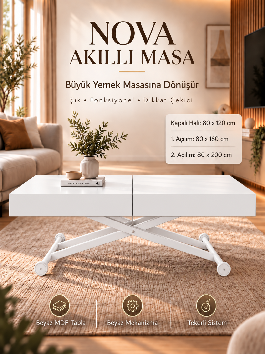 Oval Side-Opening Smart Table | Travertine MDF & Black