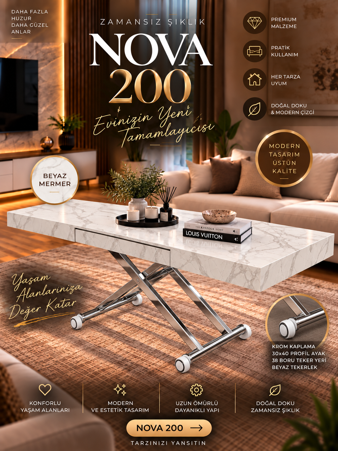 Oval Side-Opening Smart Table | Travertine MDF & Black