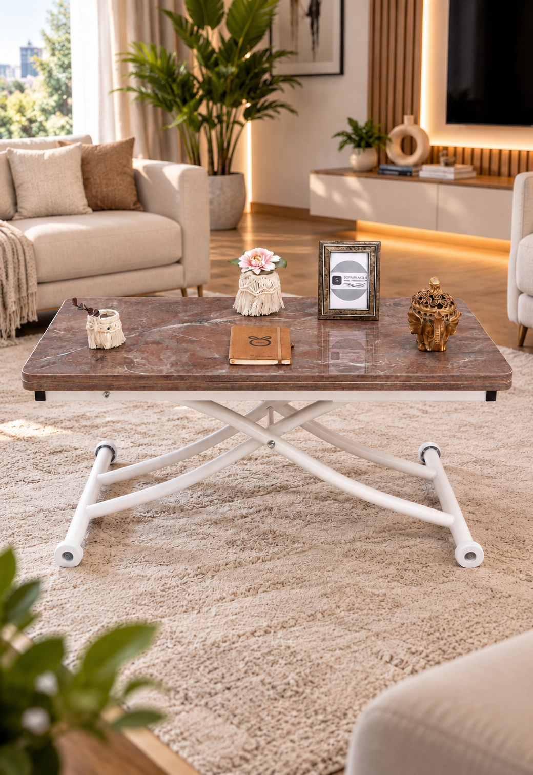 Mini Juppo Akıllı Sehpa – VişneMermer MDF Üst & Beyaz İçe Kıvrım Metal Ayak
