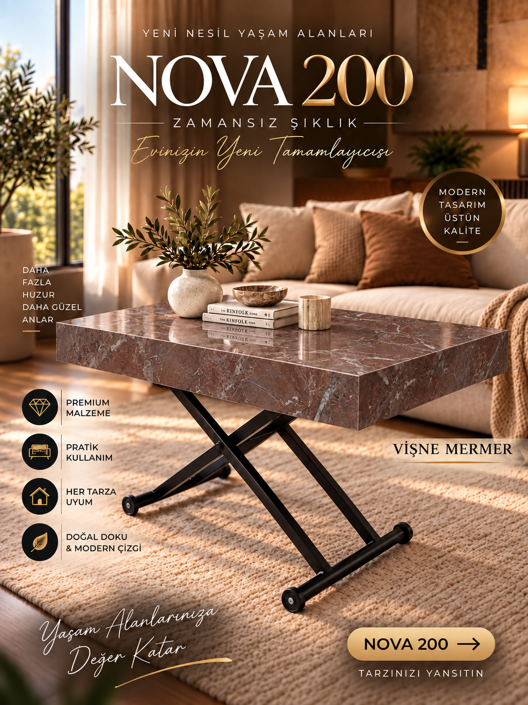 Oval Side-Opening Smart Table | Travertine MDF & Black