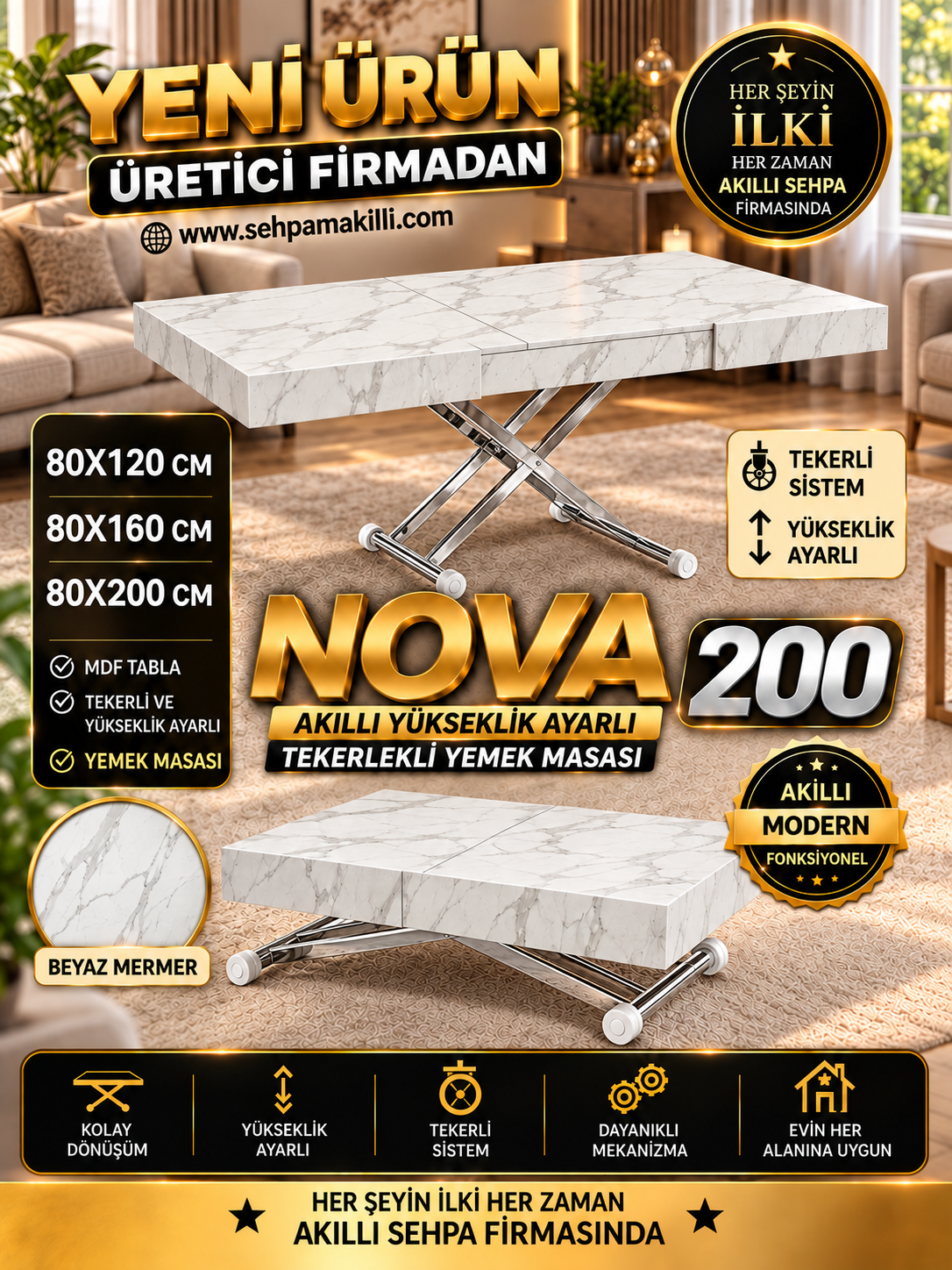 Oval Side-Opening Smart Table | Travertine MDF & Black
