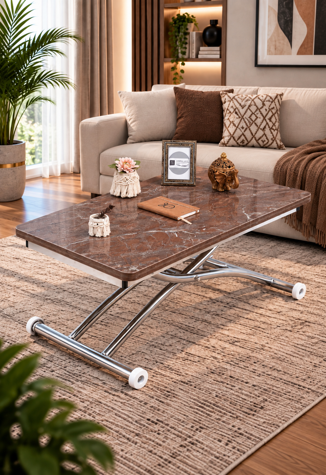 Mini Juppo Smart Coffee Table – Antique Light MDF Top & Chrome-Plated Outwardly Curved Leg