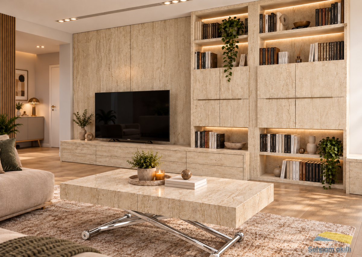 Oval Side-Opening Smart Table | Travertine MDF & Black