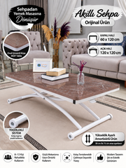 Juppo Akıllı Sehpa – VişneMermer  MDF Üst & Beyaz Dışa Kıvrım Metal Ayak