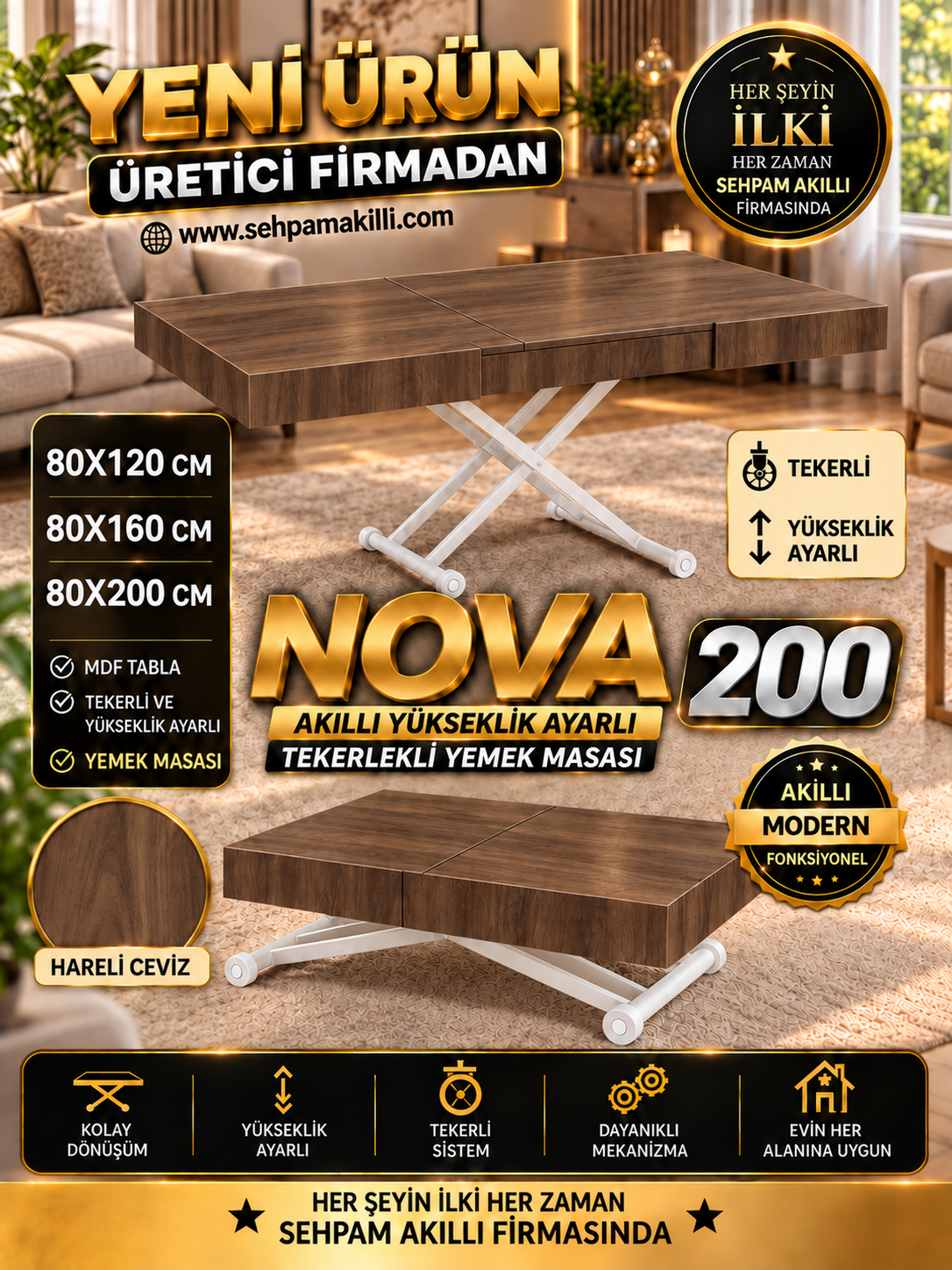 Oval Side-Opening Smart Table | Travertine MDF & Black