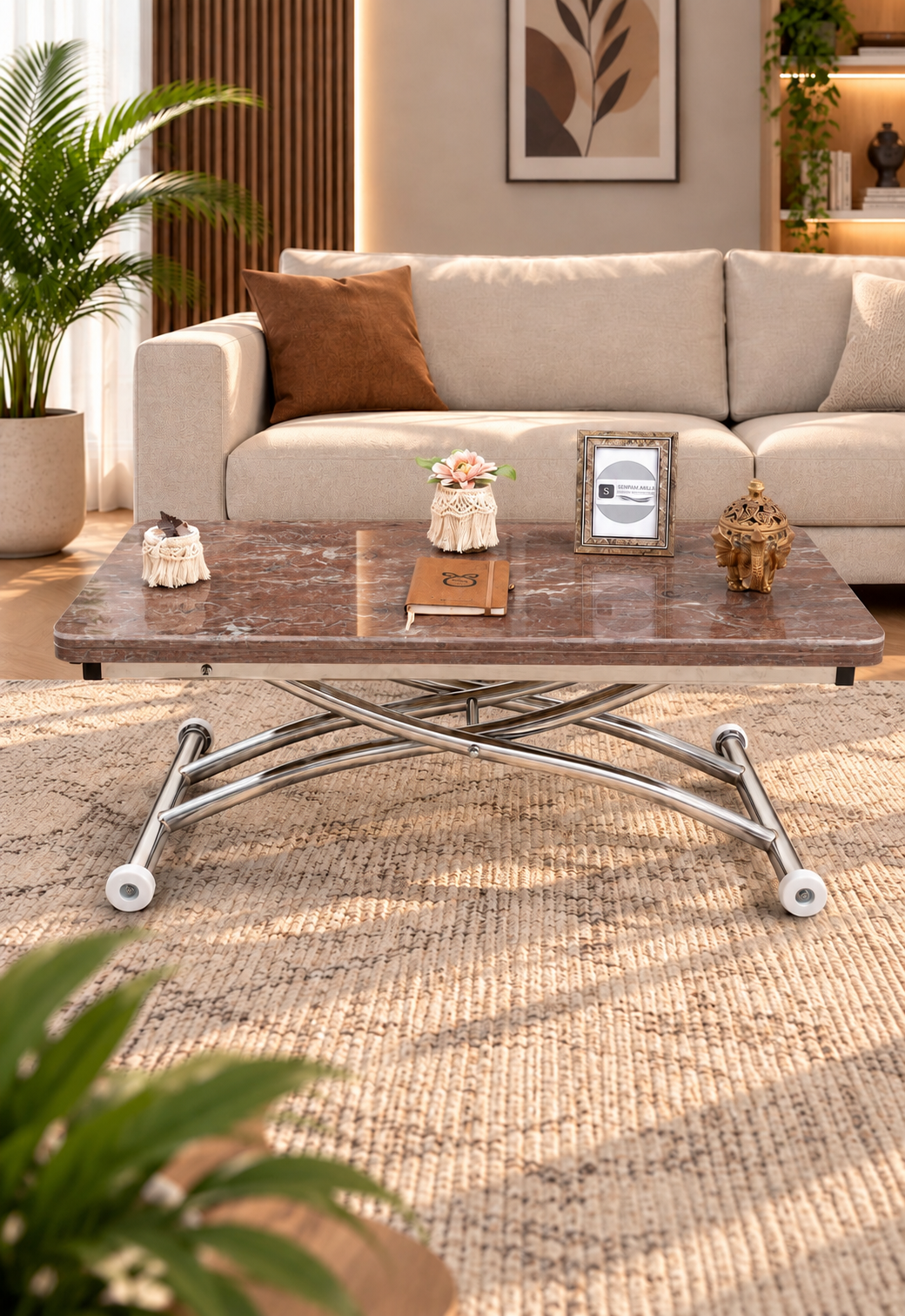 Mini Juppo Smart Coffee Table – Antique Light MDF Top & Chrome-Plated Outwardly Curved Leg
