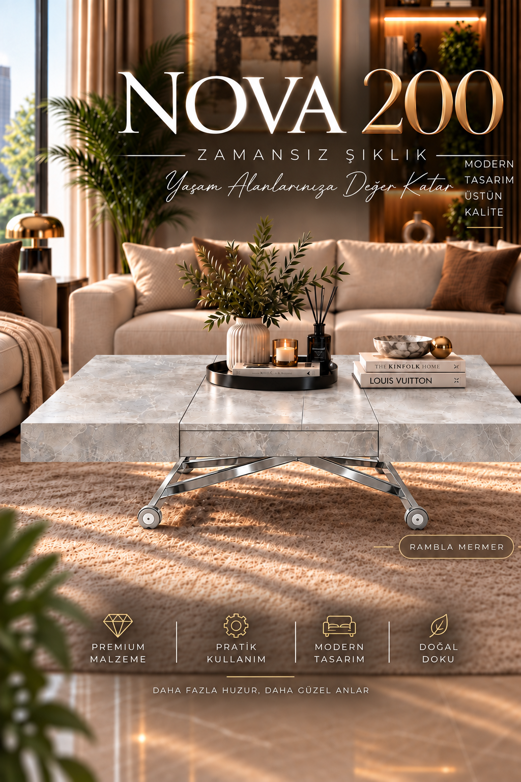 Oval Side-Opening Smart Table | Travertine MDF & Black