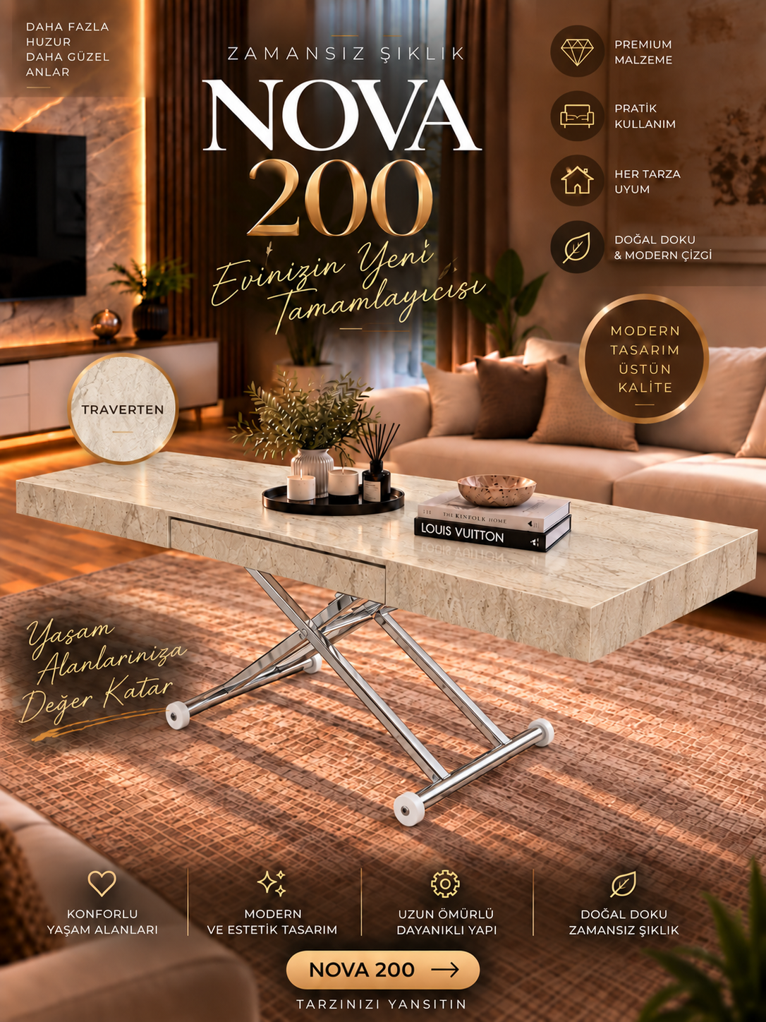 Oval Side-Opening Smart Table | Travertine MDF & Black