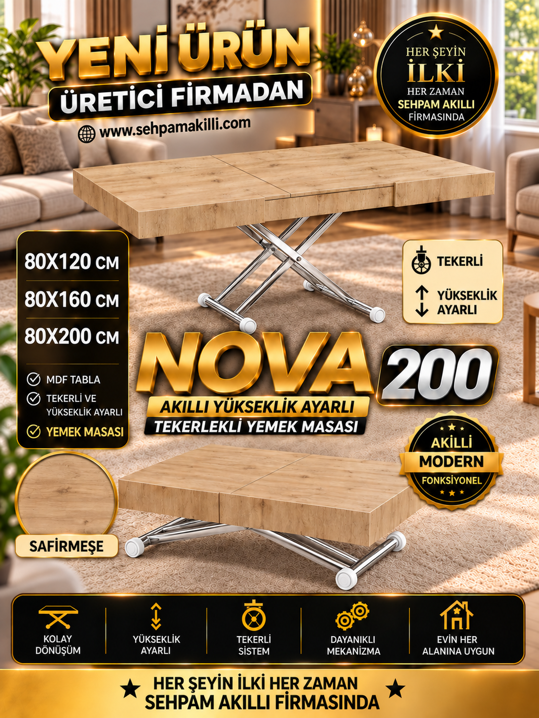Oval Side-Opening Smart Table | Travertine MDF & Black