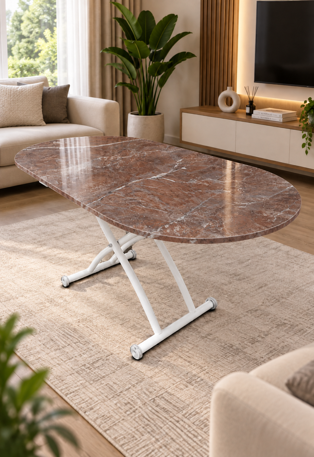 Ortadan Açılır Oval Akıllı Masa | VişneMermer MDF & Beyaz
