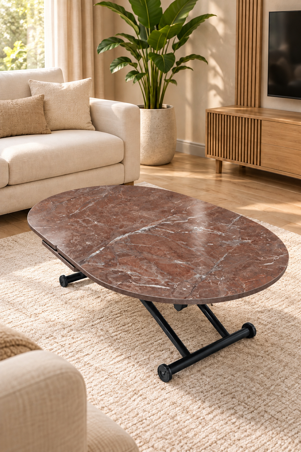 Ortadan Açılır Oval Akıllı Masa | VişneMermer MDF & Siyah