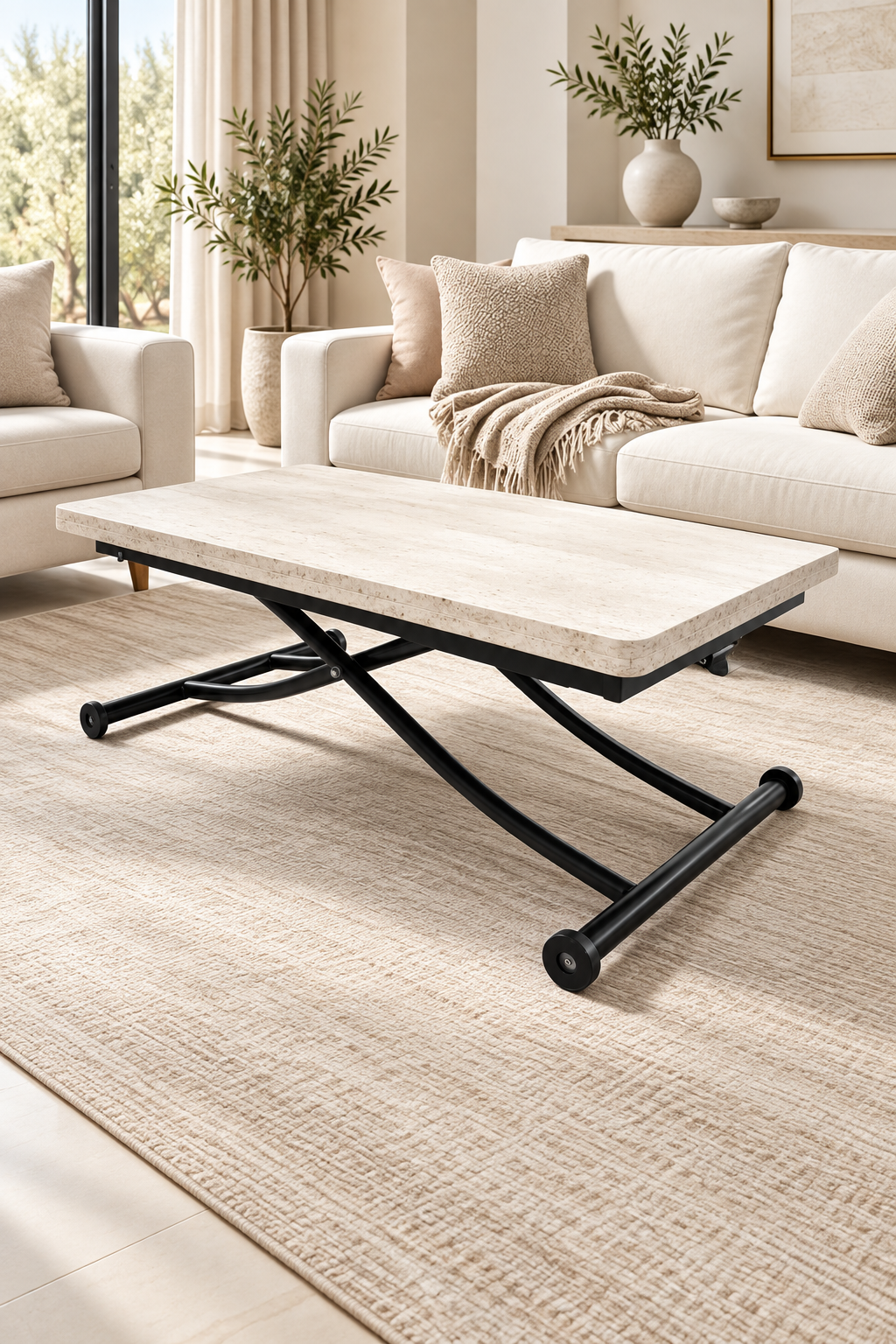Juppo Smart Coffee Table – Travertine MDF Top & Black Metal Legs