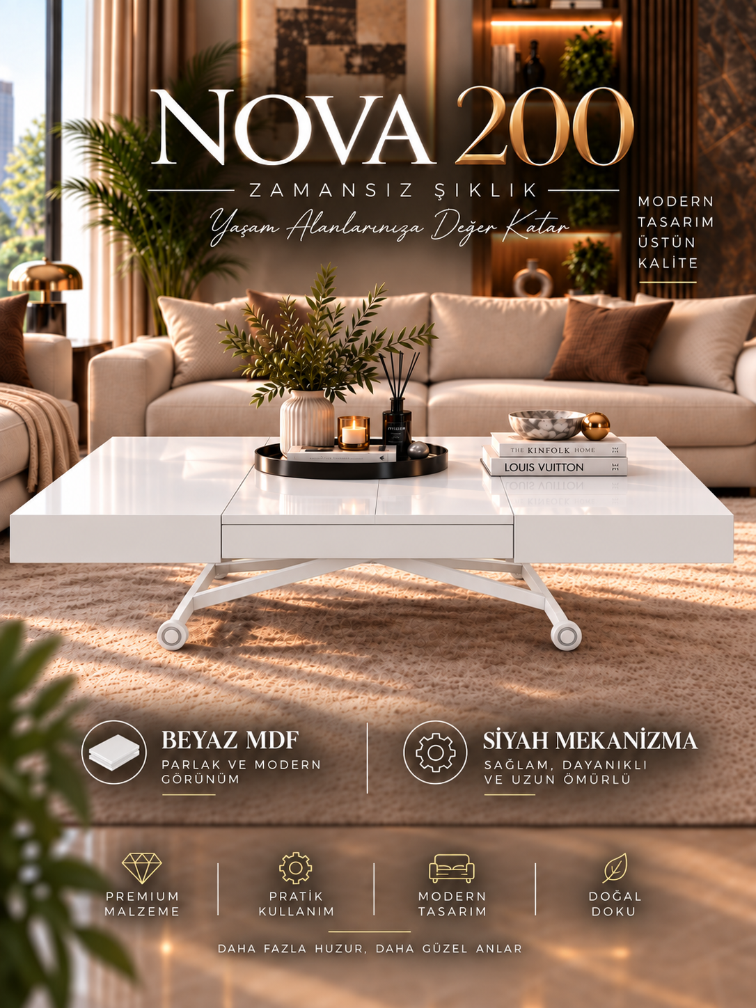 Oval Side-Opening Smart Table | Travertine MDF & Black