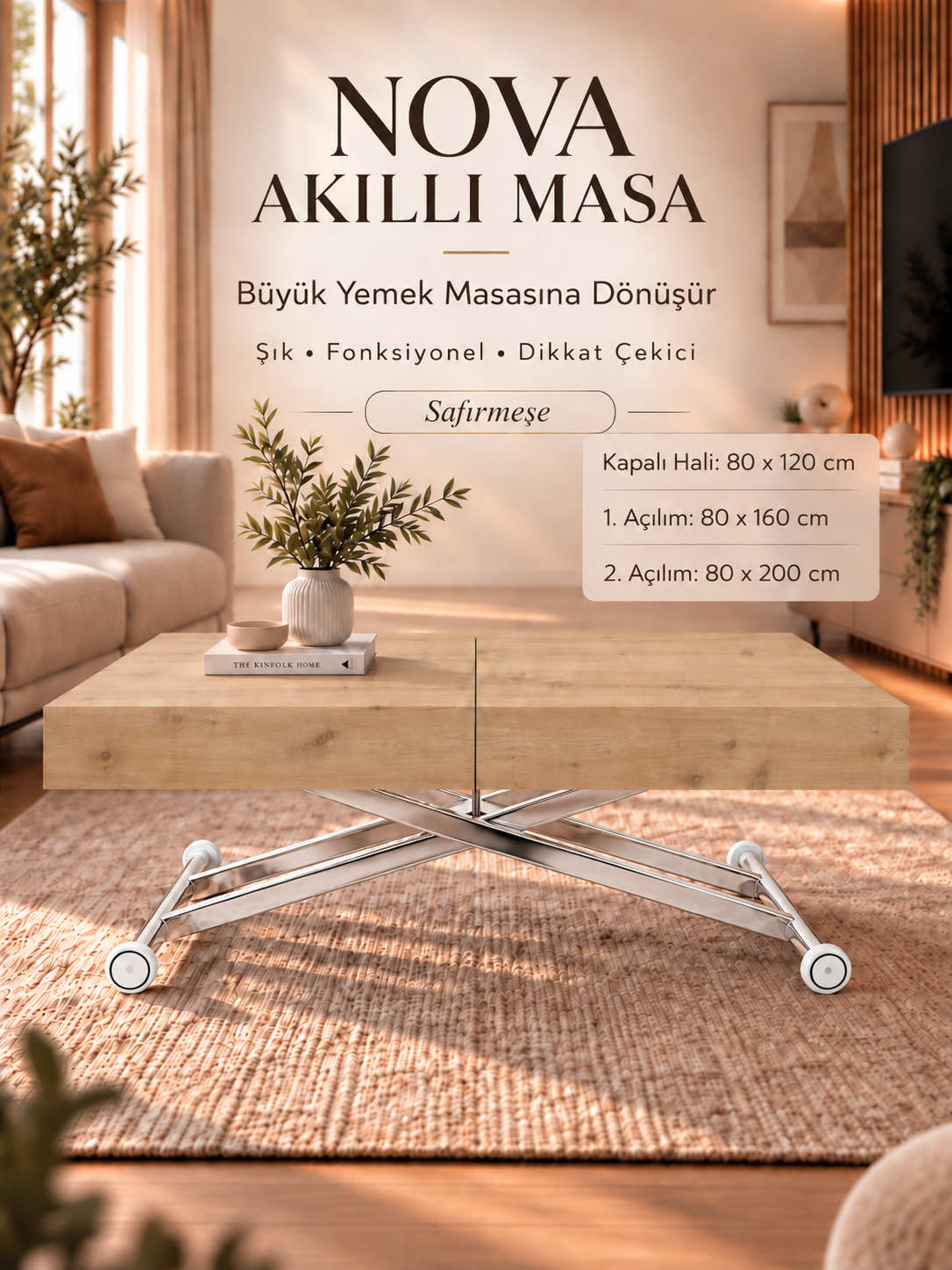 Oval Side-Opening Smart Table | Travertine MDF & Black
