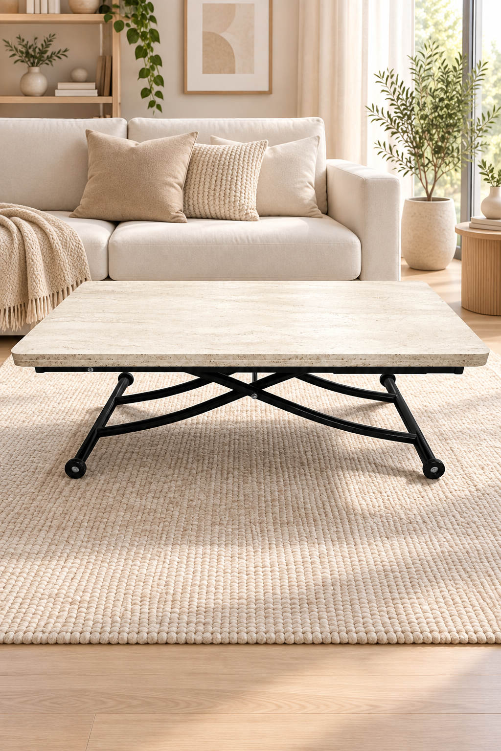 Juppo Smart Coffee Table – Travertine MDF Top & Black Metal Legs